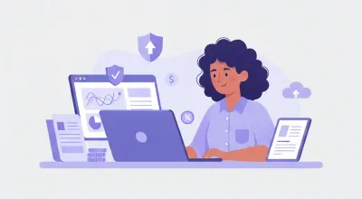 Emprendedor argentino gestionando ventas por WhatsApp Business en notebook y celular, con facturas electrónicas ARCA en pantalla, estilo flat vector violeta azul