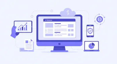 Ilustración vectorial flat de una pantalla de computadora mostrando un formulario de factura electrónica con los colores violeta y azul característicos de una plataforma SaaS de facturación