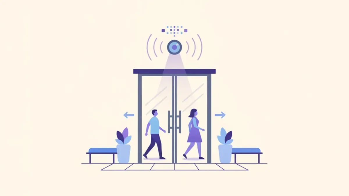 Ilustración de la puerta de entrada de un comercio con un pequeño sensor sobre el marco contando la silueta de las personas que entran y salen