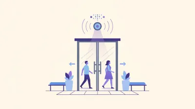 Ilustración de la puerta de entrada de un comercio con un pequeño sensor sobre el marco contando la silueta de las personas que entran y salen
