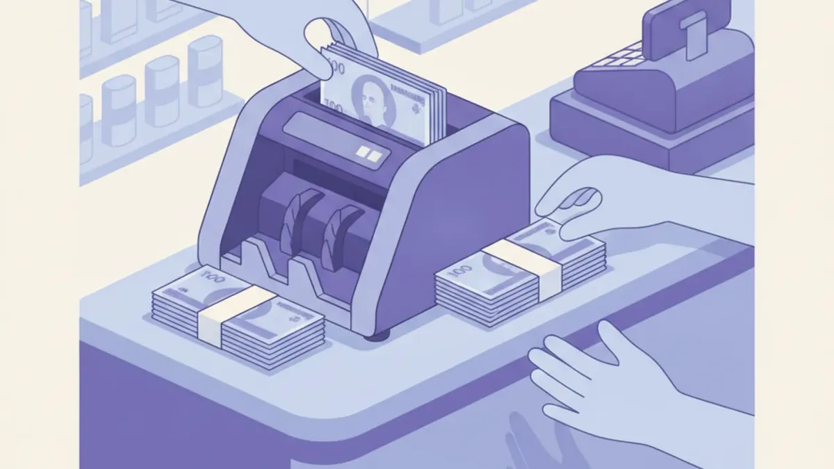Ilustración de una contadora de billetes sobre el mostrador de un comercio contando un fajo de pesos argentinos