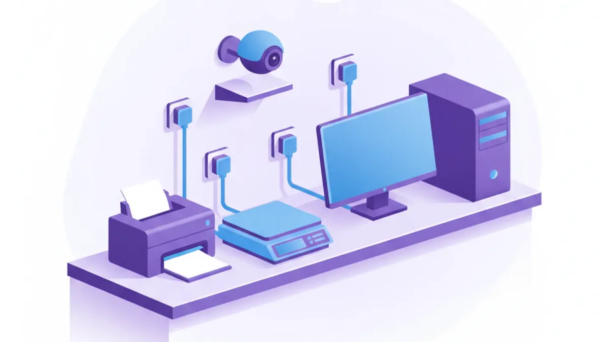 Ilustración de un mostrador de comercio con la impresora, la balanza, la PC y una cámara IP conectadas cada una a su propia protección eléctrica