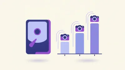 Ilustración de un disco duro junto a un gráfico de barras que representa los días de grabación disponibles por cámara