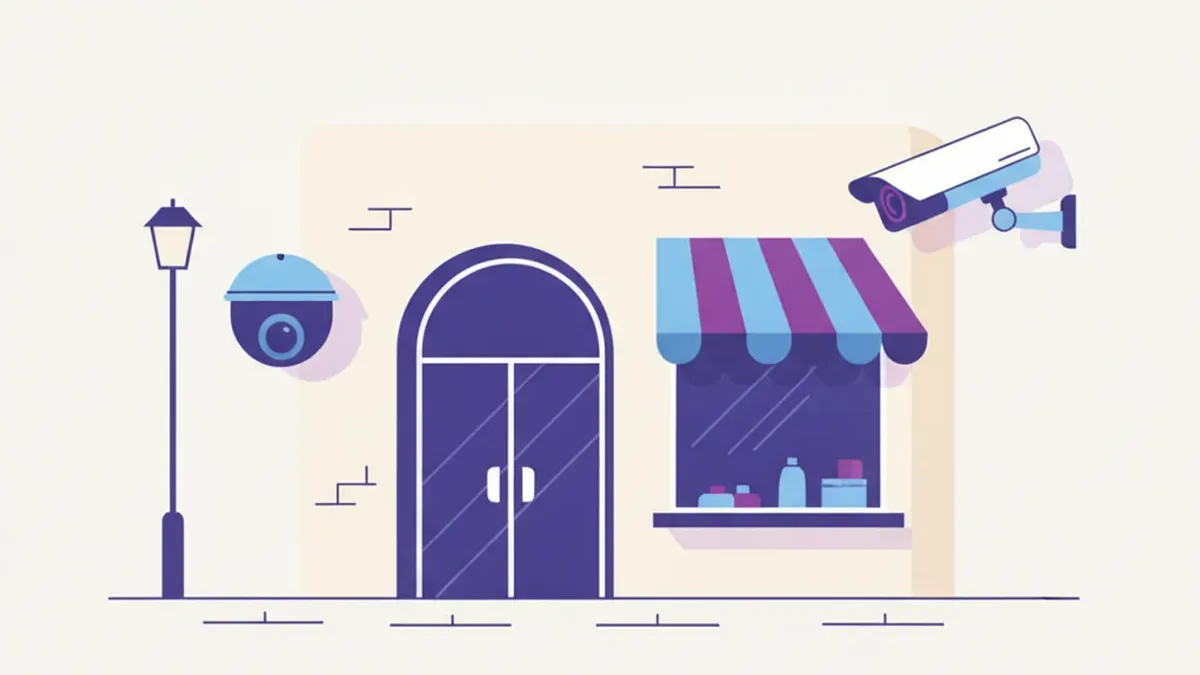 Ilustración de dos cámaras de seguridad de negocio, una etiquetada Dahua y otra Hikvision, montadas a los lados de la entrada de un local