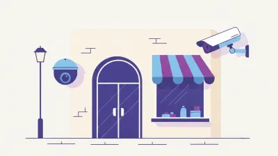 Ilustración de dos cámaras de seguridad de negocio, una etiquetada Dahua y otra Hikvision, montadas a los lados de la entrada de un local