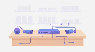 Ilustración de un grabador Dahua XVR conectado a varias cámaras de distintos tipos de cable sobre el mostrador de un comercio