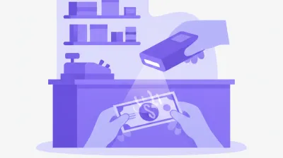 Ilustración de un detector de billetes falsos con luz ultravioleta revisando un billete de pesos argentinos en el mostrador de un comercio