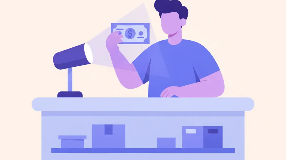 Ilustración de una persona revisando un billete de dólares estadounidenses a trasluz sobre el mostrador de un comercio