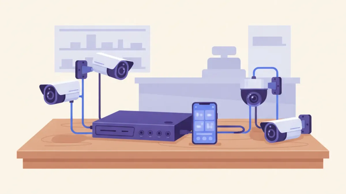 Ilustración de un DVR Hikvision conectado a cuatro cámaras analógicas sobre un mostrador, con un celular mostrando la app Hik-Connect al lado
