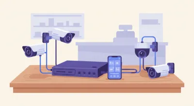 Ilustración de un DVR Hikvision conectado a cuatro cámaras analógicas sobre un mostrador, con un celular mostrando la app Hik-Connect al lado