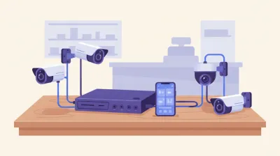 Ilustración de un DVR Hikvision conectado a cuatro cámaras analógicas sobre un mostrador, con un celular mostrando la app Hik-Connect al lado