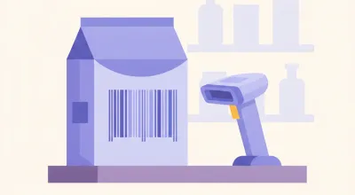 Ilustración de un código de barras EAN-13 sobre un envase con cada grupo de dígitos resaltado en un color distinto
