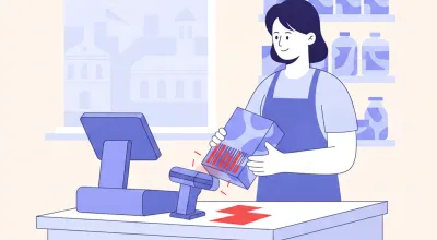 Ilustración de un cajero pasando un producto frente a un lector de código de barras que no logra leerlo, con el código marcado en rojo sobre el mostrador