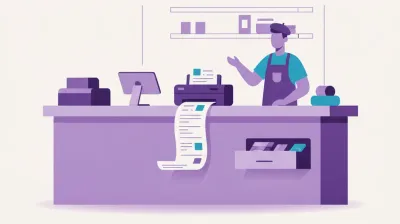 Ilustración de una impresora térmica Epson TM-T20 sobre el mostrador de un comercio imprimiendo un ticket de venta