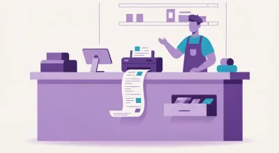 Ilustración de una impresora térmica Epson TM-T20 sobre el mostrador de un comercio imprimiendo un ticket de venta