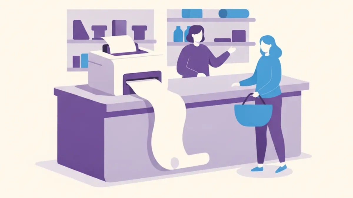 Ilustración de una impresora térmica Epson TM-T88V sobre el mostrador de un local imprimiendo un ticket largo
