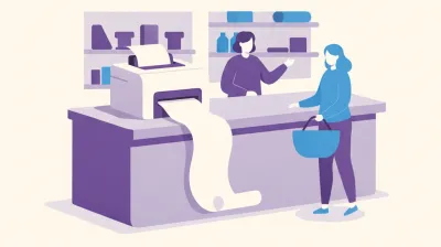 Ilustración de una impresora térmica Epson TM-T88V sobre el mostrador de un local imprimiendo un ticket largo