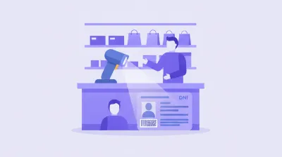 Ilustración de un mostrador con un lector de código de barras 2D escaneando el código PDF417 del frente de un DNI argentino