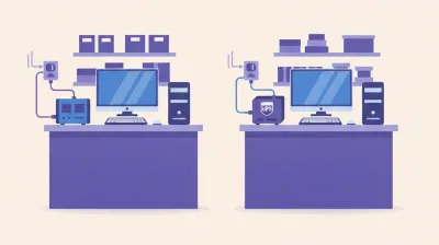Ilustración comparativa de un estabilizador de tensión y una UPS con batería, ambos conectados a la PC de un mostrador