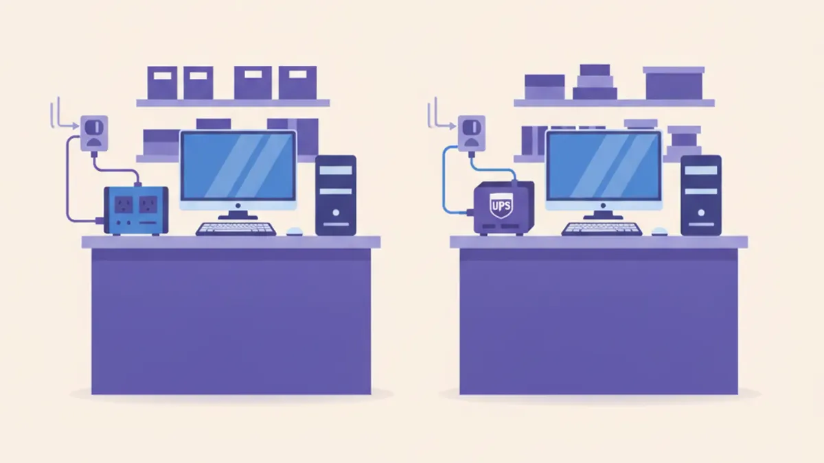 Ilustración comparativa de un estabilizador de tensión y una UPS con batería, ambos conectados a la PC de un mostrador