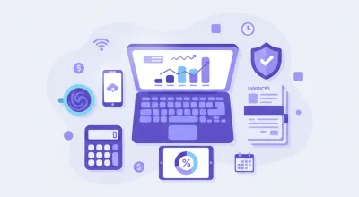 Contador armando un estado de resultados en una oficina con laptop, calculadora y gráficos financieros
