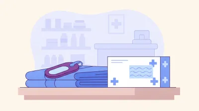 Ilustración de una etiqueta antihurto dura con broche sobre una prenda de ropa junto a una etiqueta antihurto blanda adhesiva sobre una caja de farmacia