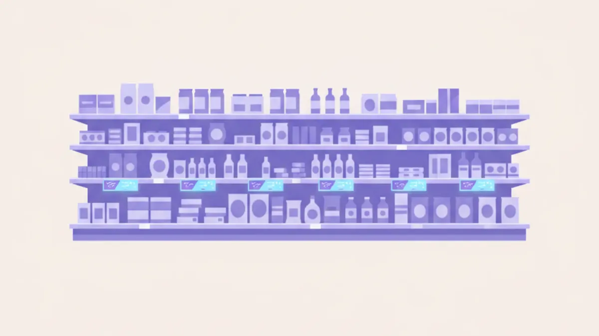 Ilustración de una góndola de supermercado con etiquetas electrónicas digitales debajo de cada producto en vez de cartelitos de papel