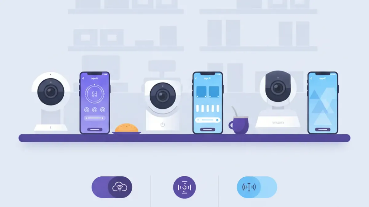 Ilustración comparando tres cámaras Wi-Fi de mostrador con las apps EZVIZ, Imou Life y Tapo abiertas en la pantalla de un celular