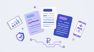 Ilustración flat vector con íconos de facturas A, B y C en tonos violeta y azul, representando los distintos tipos de comprobantes fiscales en Argentina