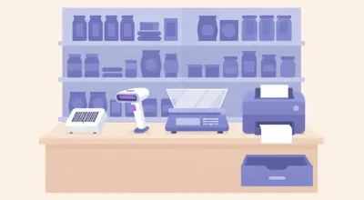 Ilustración de un mostrador de almacén de barrio con lector de código de barras, una balanza chica para productos sueltos e impresora térmica junto a las góndolas
