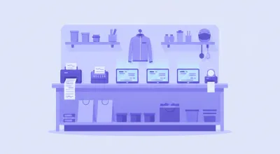 Ilustración de una cocina de dark kitchen con varias tablets recibiendo pedidos, una impresora de cocina imprimiendo una comanda y una impresora de etiquetas junto a las bolsas de delivery