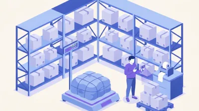 Ilustración de un depósito chico con estanterías, una balanza de piso con un bulto grande y una persona escaneando cajas con un lector inalámbrico antes de despachar