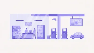 Ilustración del shop de una estación de servicio con el mostrador de venta y, del otro lado del vidrio, la playa de surtidores con una cámara y una pantalla de promociones