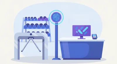 Ilustración de la recepción de un gimnasio con un molinete de acceso, una cámara de reconocimiento facial y una PC con el sistema de cobros