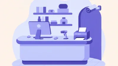 Ilustración del mostrador de recepción de un hotel con una PC, un lector de código, una impresora y una cámara junto a la puerta de entrada