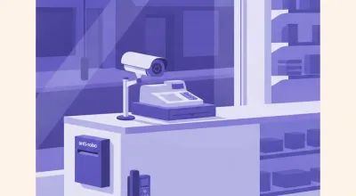 Ilustración del mostrador de un kiosco de noche con una cámara sobre la caja, un buzón antirrobo junto al cajón de dinero y la calle a oscuras detrás de la vidriera