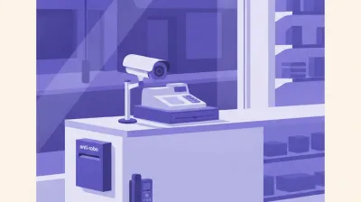 Ilustración del mostrador de un kiosco de noche con una cámara sobre la caja, un buzón antirrobo junto al cajón de dinero y la calle a oscuras detrás de la vidriera