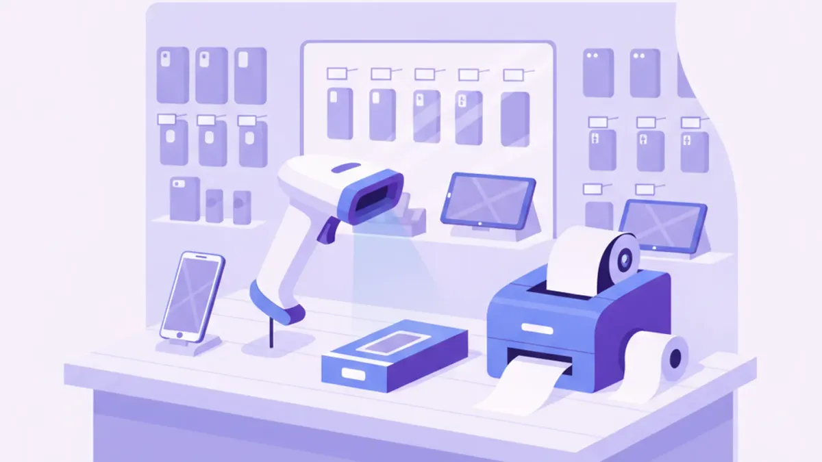 Ilustración del mostrador de un local de celulares con un lector 2D escaneando la caja de un equipo y una impresora de etiquetas para los accesorios en el vidriera