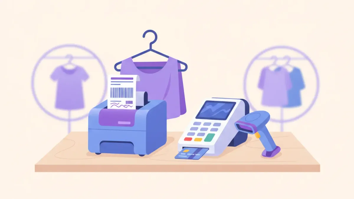 Ilustración de una impresora de etiquetas imprimiendo una etiqueta de precio con código de barras para una prenda de ropa junto a una terminal de pago