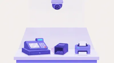 Ilustración de una caja de salida de minimarket con un lector omnidireccional fijo, una impresora térmica y una cámara IP en el techo apuntando al salón