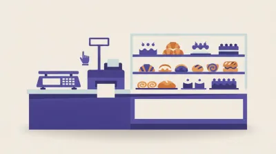 Ilustración del mostrador de una panadería con una vidriera de facturas y tortas, una balanza para pan por kilo y la caja con impresora térmica al costado