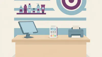 Ilustración de una recepción de peluquería con una tablet en un soporte, una terminal de pago con tarjeta y una impresora térmica chica sobre el mostrador