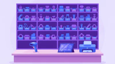 Ilustración del mostrador de una casa de repuestos con estanterías de piezas etiquetadas, un lector de código de barras y una tablet en el box de trabajo