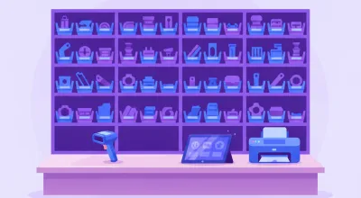 Ilustración del mostrador de una casa de repuestos con estanterías de piezas etiquetadas, un lector de código de barras y una tablet en el box de trabajo
