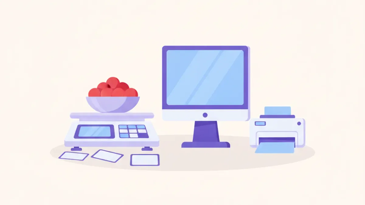 Ilustración de una balanza de verdulería sobre el mostrador pesando tomates, con la PC del punto de venta y la impresora térmica al costado, lejos del agua