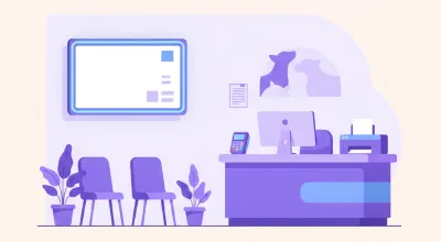 Ilustración de la sala de espera de una veterinaria con una pantalla de turnos, el mostrador de recepción y una impresora sobre el escritorio