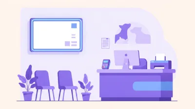 Ilustración de la sala de espera de una veterinaria con una pantalla de turnos, el mostrador de recepción y una impresora sobre el escritorio