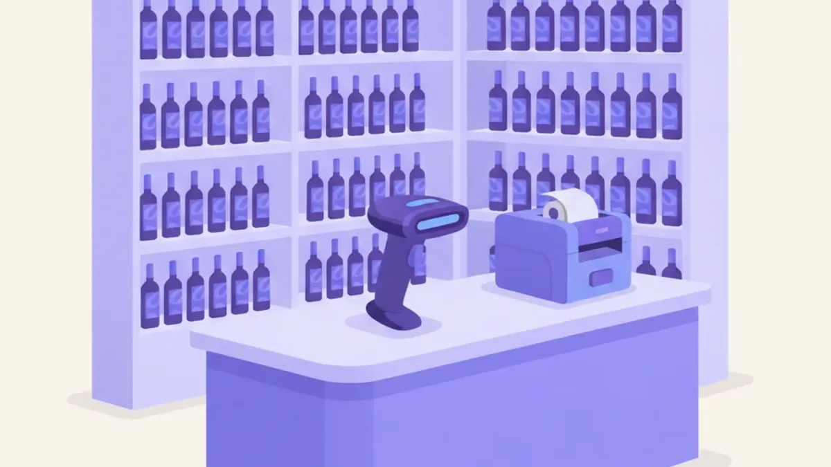 Ilustración de una vinoteca con estanterías de botellas etiquetadas, un lector de código de barras en el mostrador y una impresora de etiquetas chica al lado