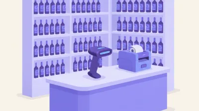 Ilustración de una vinoteca con estanterías de botellas etiquetadas, un lector de código de barras en el mostrador y una impresora de etiquetas chica al lado