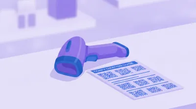 Ilustración de un lector láser Honeywell Voyager con forma de pistola apoyado sobre el mostrador de un comercio, junto a su hoja de configuración